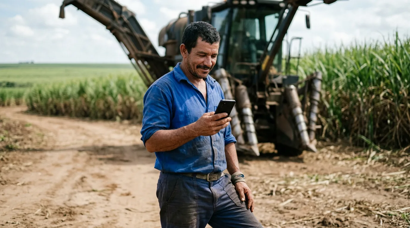 Trabalhador rural respondendo mensagens no WhatsApp em frente a uma colheitadeira