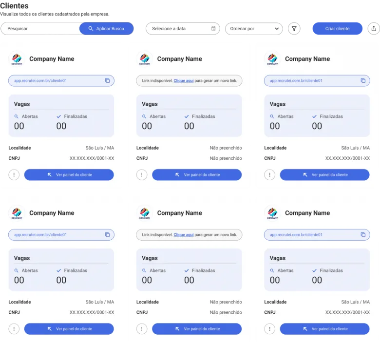 Grade de ambientes separados por cliente na plataforma
