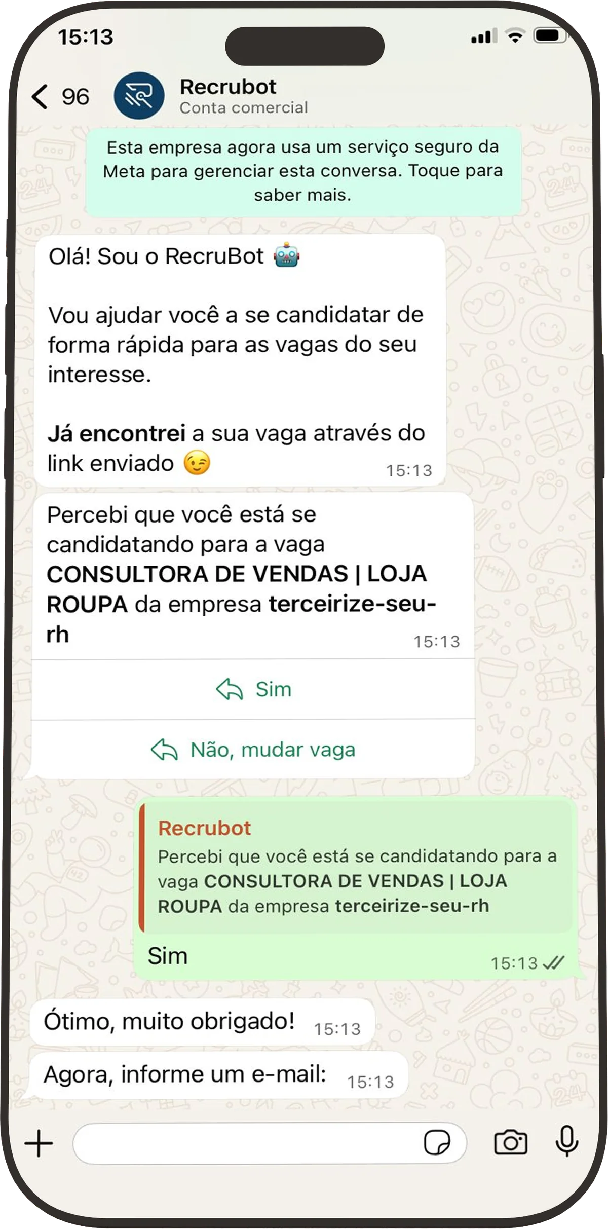 Conversa do candidato com o Recrubot no WhatsApp