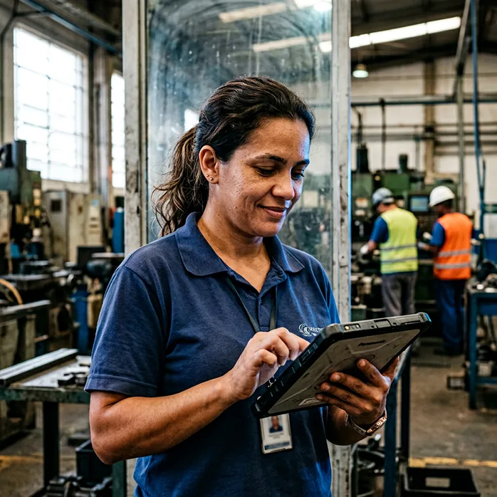 Operadora de chão de fábrica usando tablet para registrar dados