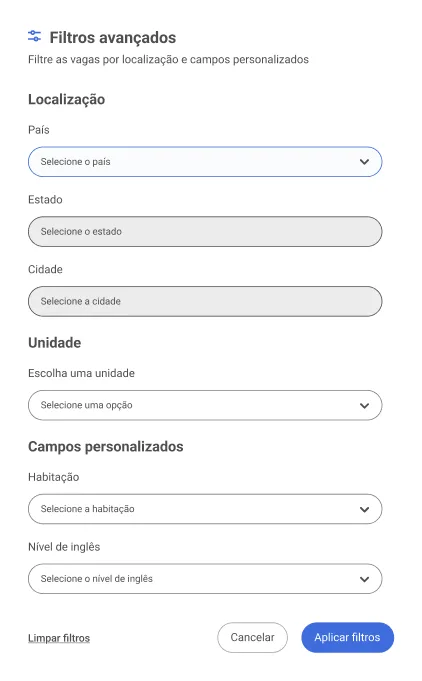 Painel de filtros avançados da base de candidatos